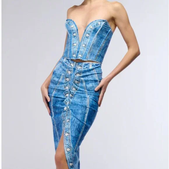 Callie Lives Digitize Me AKIRA Blue Day Dreaming Denim Printed Corset Top S - Picture 4 of 8